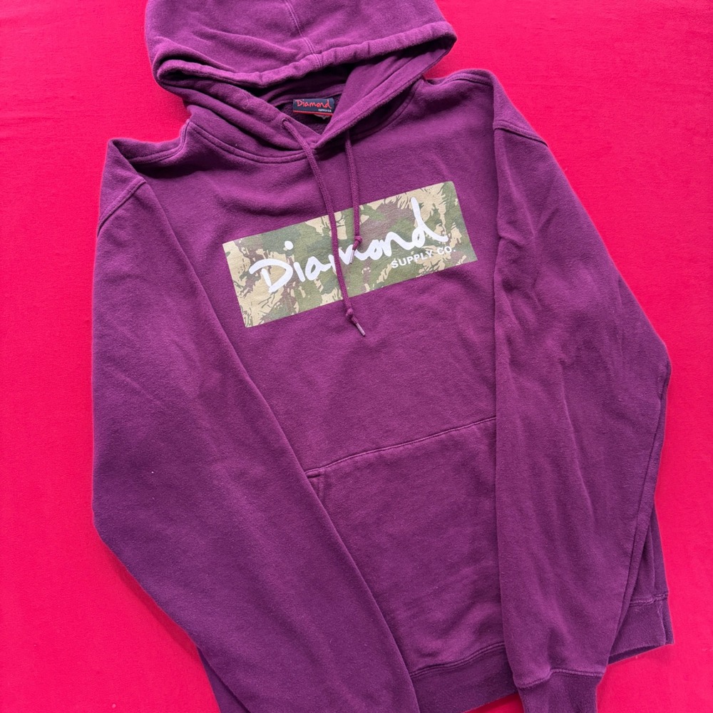 VTG STYLE Diamond Supply Co Mens Hoodie M Burgundy Camo Box Logo Graphic Skater